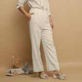 Ecru Crinkled Cotton Flax Tie-Neck Top and Pant Co-ord Set