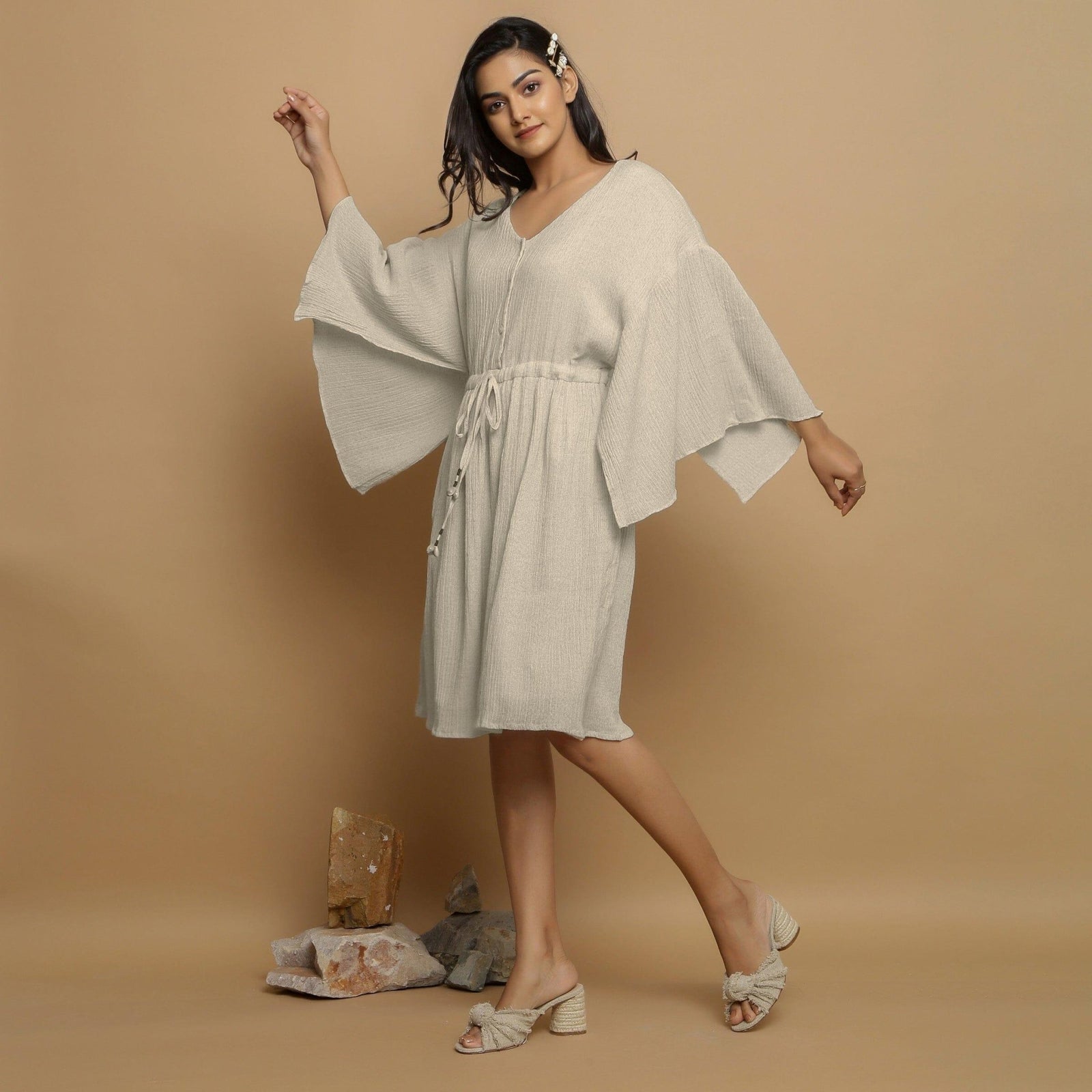 Ecru Crinkled Cotton Flax V-Neck Drop Shoulder Sleeves Knee Length Dress 28