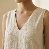 Ecru Embroidered Cotton A-Line V-Neck Sleeveless Maxi Tier Dress