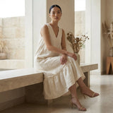 Ecru Embroidered Cotton A-Line V-Neck Sleeveless Maxi Tier Dress