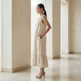 Ecru Embroidered Cotton A-Line V-Neck Sleeveless Maxi Tier Dress