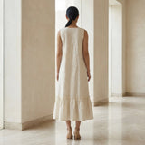 Ecru Embroidered Cotton A-Line V-Neck Sleeveless Maxi Tier Dress