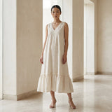Ecru Embroidered Cotton A-Line V-Neck Sleeveless Maxi Tier Dress