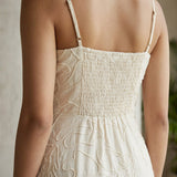 Ecru Embroidered Cotton Ankle Length Flared Sundress