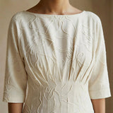 Ecru Embroidered Cotton Cinched Waist Flared Maxi Dress