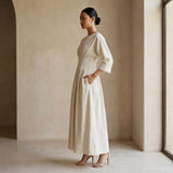 Ecru Embroidered Cotton Cinched Waist Flared Maxi Dress