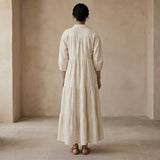 Ecru Embroidered Cotton Deep-V Maxi Tier Dress