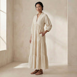 Ecru Embroidered Cotton Deep-V Maxi Tier Dress