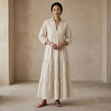 Ecru Embroidered Cotton Deep-V Maxi Tier Dress