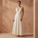 Ecru Embroidered Cotton Deep V-Neck Cami Maxi Dress