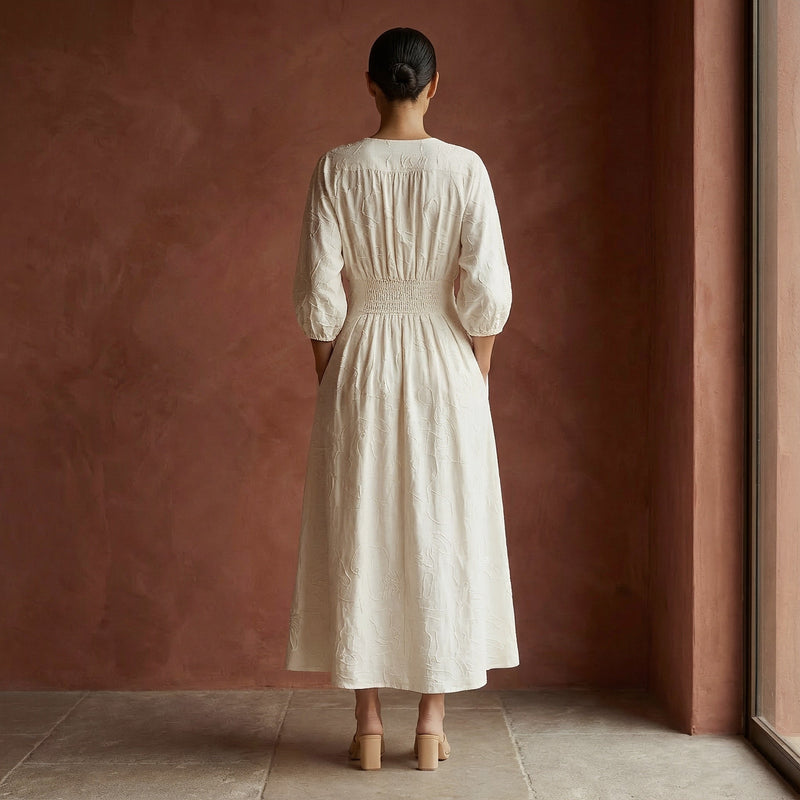 Ecru Embroidered Cotton Deep-V Neck Empire Waist Maxi Dress 34" / Tall (5'7" and above) Ecru Embroidered Cotton Deep-V Neck Empire Waist Maxi Dress 34" / Tall (5'7" and above)