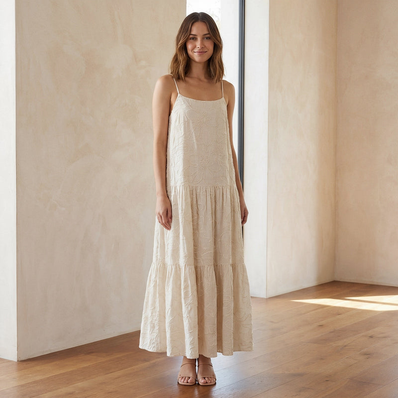 Ecru Embroidered Cotton Drop-Waist Camisole Maxi Tier Dress 56" / Petite (5'1" and below)