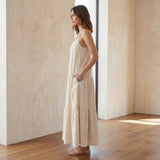 Ecru Embroidered Cotton Drop-Waist Camisole Maxi Tier Dress