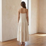 Ecru Embroidered Cotton Drop-Waist Camisole Maxi Tier Dress