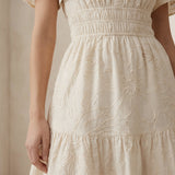 Ecru Embroidered Cotton Elasticated Short Tier Dress