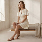 Ecru Embroidered Cotton Elasticated Short Tier Dress