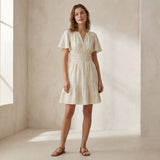 Ecru Embroidered Cotton Elasticated Short Tier Dress
