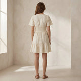 Ecru Embroidered Cotton Elasticated Short Tier Dress