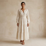 Ecru Embroidered Cotton Fit and Flare Maxi Tier Dress
