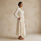 Ecru Embroidered Cotton Fit and Flare Maxi Tier Dress