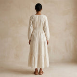 Ecru Embroidered Cotton Fit and Flare Maxi Tier Dress