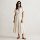 Ecru Embroidered Cotton Flutter Sleeve Tie-Back Tiered Midi Dress
