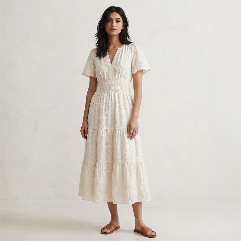 tie back flutter sleeve tiered midi dress Ecru Embroidered Cotton Tie-Back 56