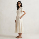 Ecru Embroidered Cotton Flutter Sleeve Tie-Back Tiered Midi Dress