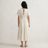 Ecru Embroidered Cotton Flutter Sleeve Tie-Back Tiered Midi Dress