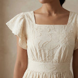 Ecru Embroidered Cotton Open-Back Fit and Flare Knee Length Dress