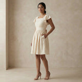 Ecru Embroidered Cotton Open-Back Fit and Flare Knee Length Dress