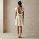 Ecru Embroidered Cotton Open-Back Fit and Flare Knee Length Dress