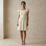 Ecru Embroidered Cotton Open-Back Fit and Flare Knee Length Dress