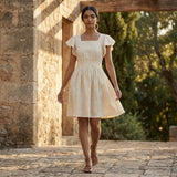 Ecru Embroidered Cotton Open-Back Fit and Flare Knee Length Dress