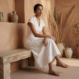 Ecru Embroidered Cotton Paneled A-Line Midi Dress