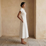 Ecru Embroidered Cotton Paneled A-Line Midi Dress