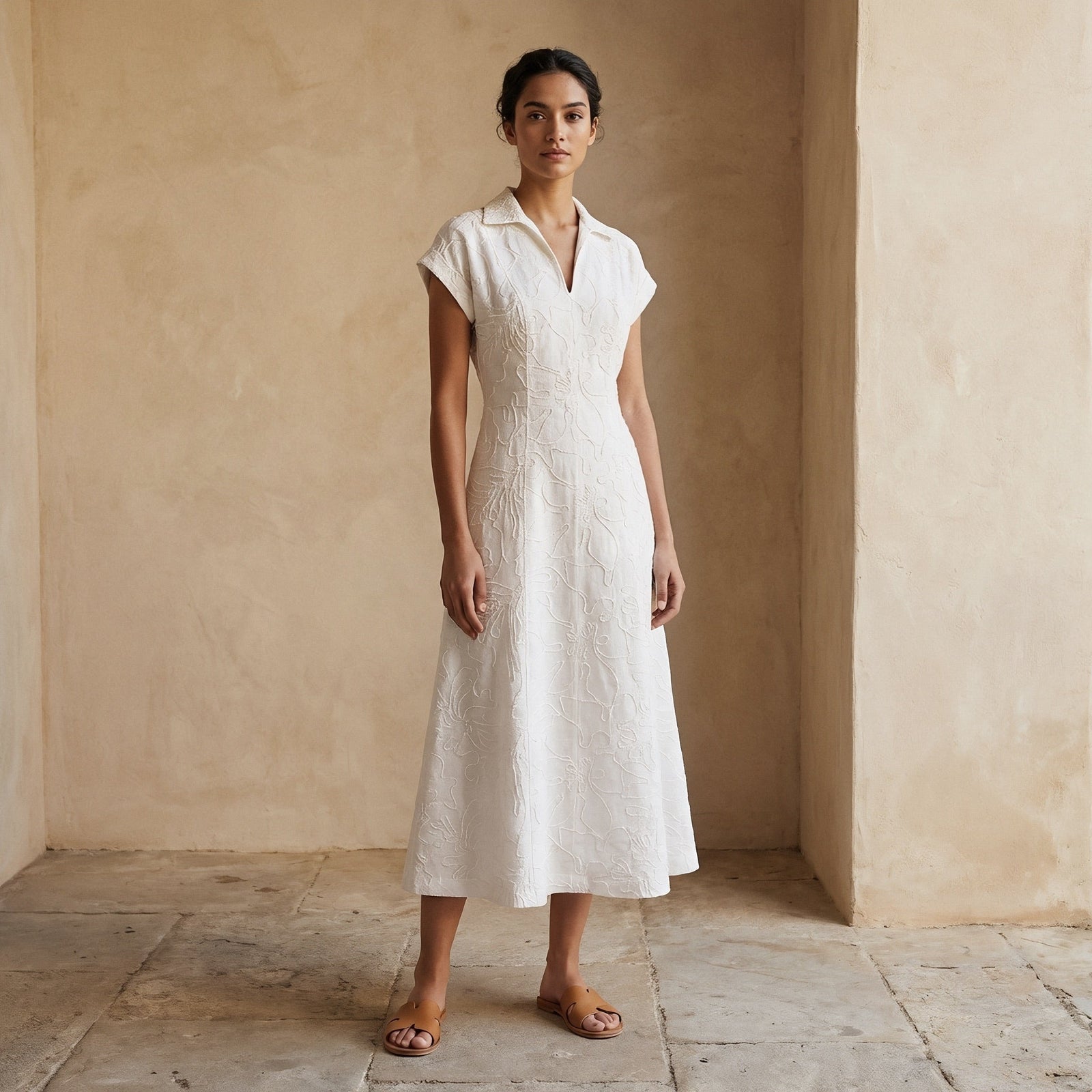 Ecru Embroidered Cotton Paneled A-Line Midi Dress 54