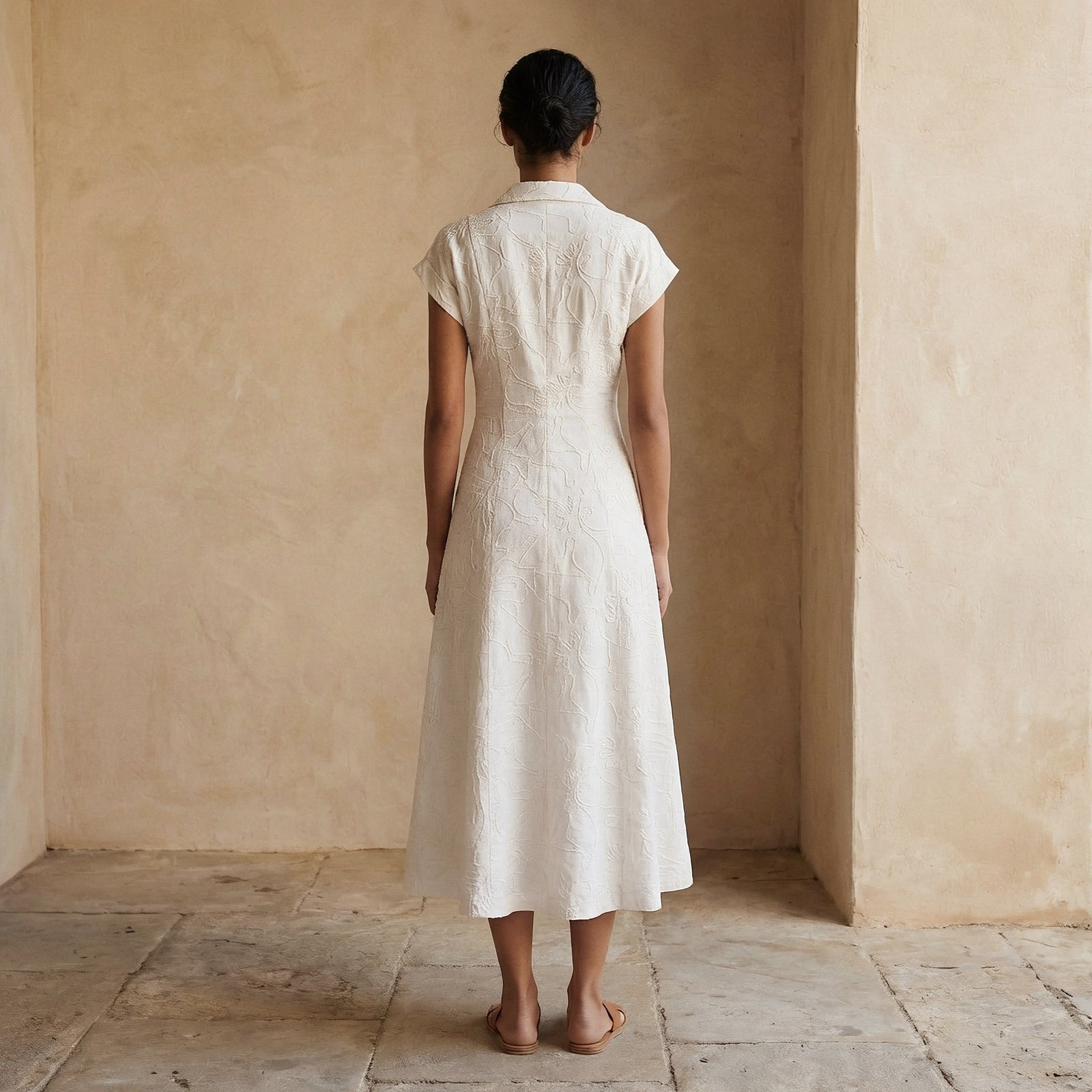 Ecru Embroidered Cotton Paneled A-Line Midi Dress 54
