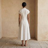 Ecru Embroidered Cotton Paneled A-Line Midi Dress