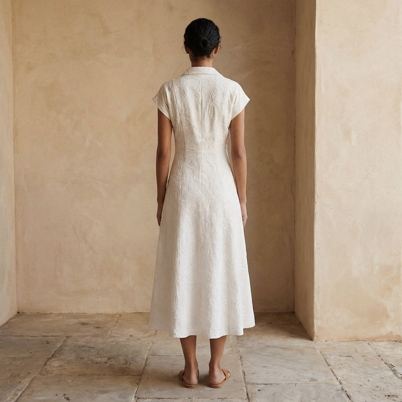 Ecru Embroidered Cotton Paneled A-Line Midi Dress 54