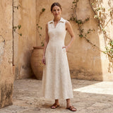 Ecru Embroidered Cotton Paneled Sleeveless Maxi Dress