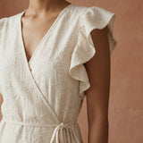 Ecru Embroidered Cotton Ruffle Midi Wrap Dress