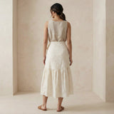 Ecru Embroidered Cotton Ruffle Midi Wrap Skirt