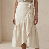 Ecru Embroidered Cotton Ruffle Midi Wrap Skirt