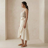 Ecru Embroidered Cotton Ruffle Midi Wrap Skirt