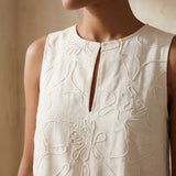 Ecru Embroidered Cotton Sleeveless A-Line Short Shift Dress