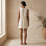 Ecru Embroidered Cotton Sleeveless A-Line Short Shift Dress