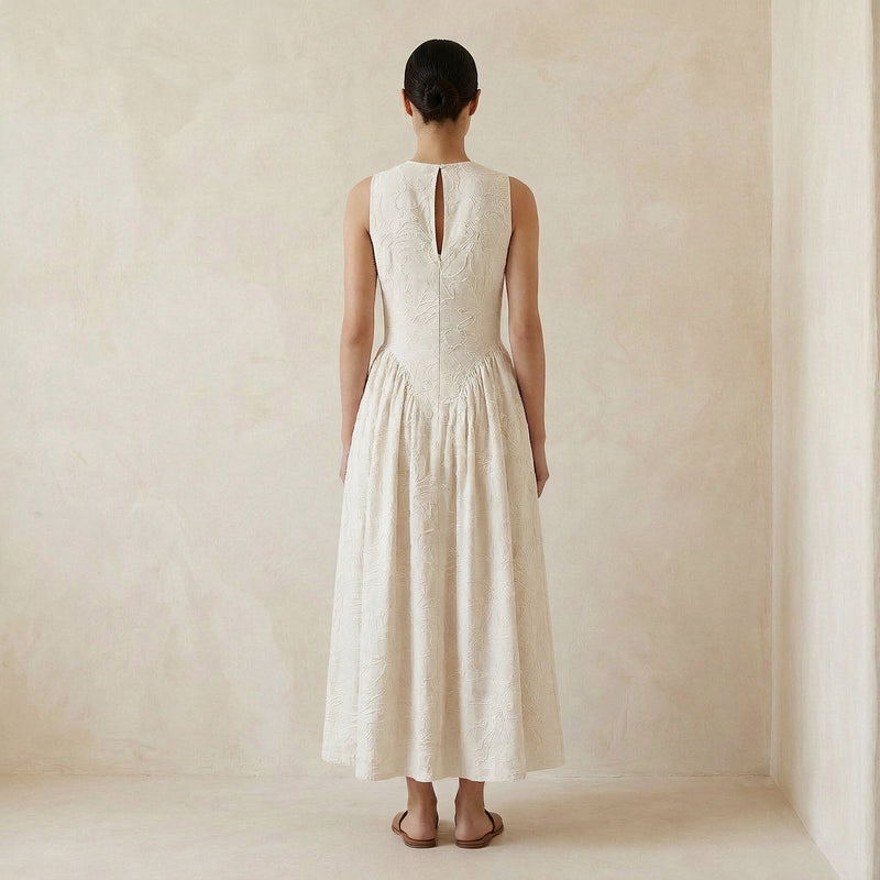 ecru maxi dress The Frigo Cinch Waist Maxi Dress in Ecru Combo Large
