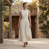 Ecru Embroidered Cotton Sleeveless Paneled Maxi Dress