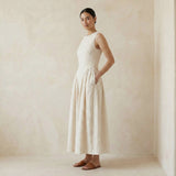 Ecru Embroidered Cotton Sleeveless Paneled Maxi Dress